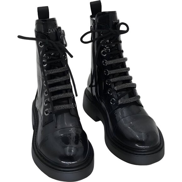 DKNY Malaya Lace-Up Combat Booties Black Glossy Ankle Boots Women's US 5.5M - Picture 1 of 6